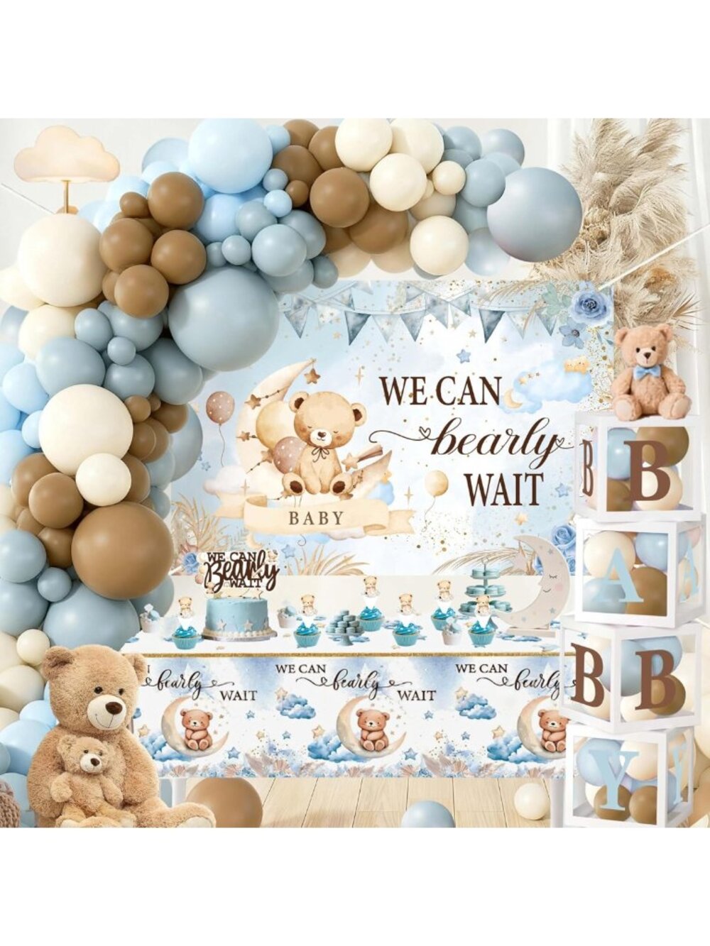 Teddy Bear Baby Shower Decor - Blue Brown Boho Party Supplies, Balloon Garland
